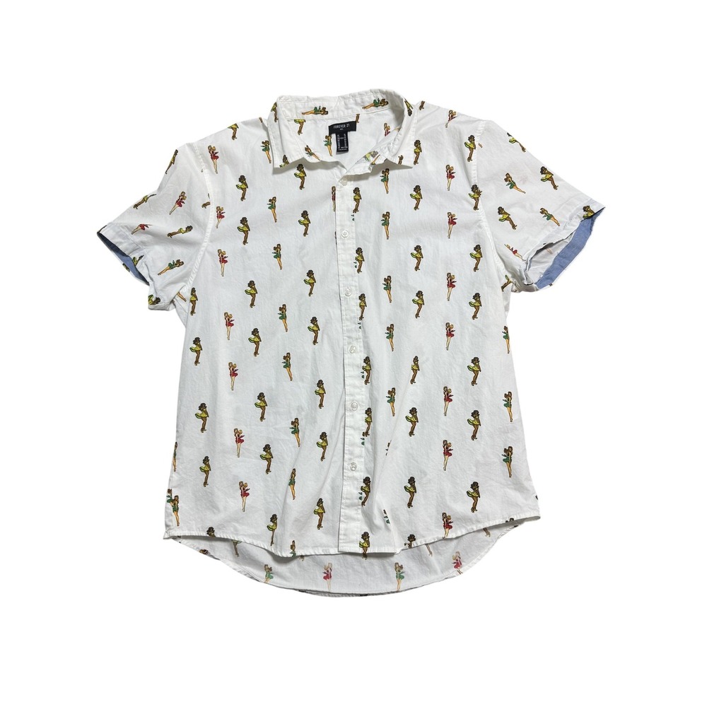 Forever 21 Shirt Mens XL White Short Sleeve Button Down‎ Pin Up Girl Print Retro